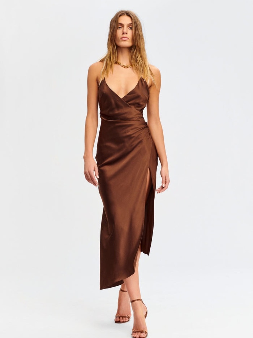 Zara Brown Satin Slip Midi Dress with Side Slit